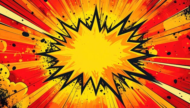 A vibrant comic-style explosion radiates outward with sharp, jagged yellow edges