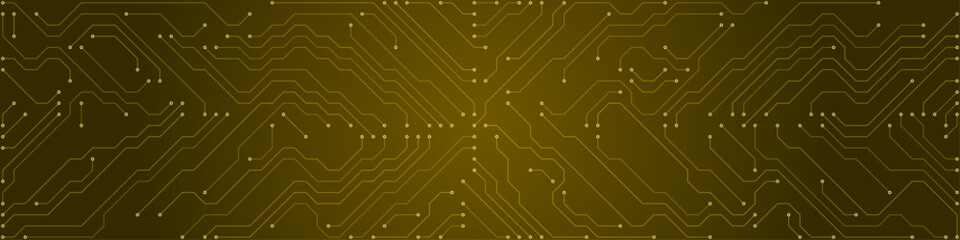 Obraz premium Symmetrical golden circuit board pattern with interconnected lines and nodes on a dark gradient background
