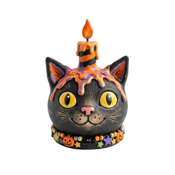 Cute black cat head with a melting candle for halloween decoration