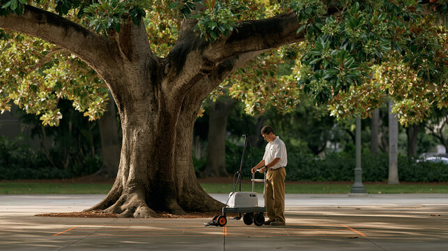 Urban forest specialist scanning tree roots in paved plaza with survey grid showcasing arboriculture and root assessment