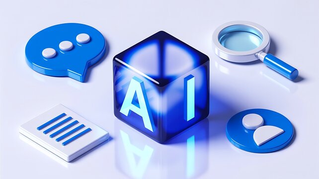 Glowing artificial intelligence cube with digital communication and technology icons