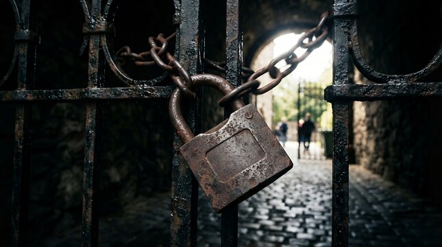 Rusty Old Padlock and Chain on a Wrought Iron Gate