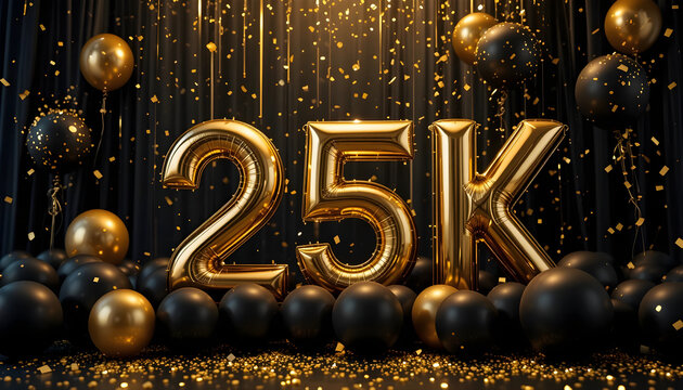Elegant 25k golden balloon display over black curtains with shimmering light and festive confetti.