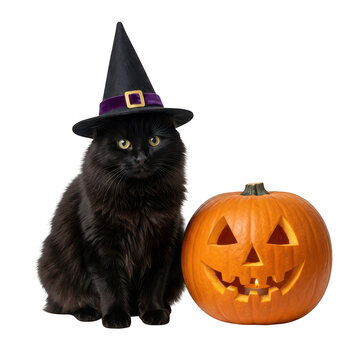Black cat wearing a witch hat sitting next to a carved orange halloween pumpkin
