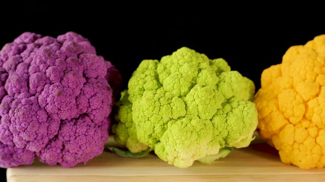 Colorful cauliflower heads on wooden board over black background, carefully arranged for vibrant culinary presentation highlighting natural textures, vivid seasonal produce, whole