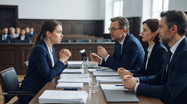 Legal professionals in a serious courtroom meeting