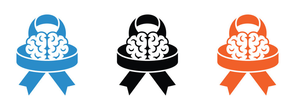 Brain awareness ribbon icons illustrating epilepsy awareness month, neurological health, brain care, medical advocacy, healthcare support, and awareness ribbon symbols in outline, solid, and colorful 