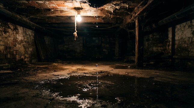 Dark Abandoned Basement with Dripping Water and Hanging Light Bulb