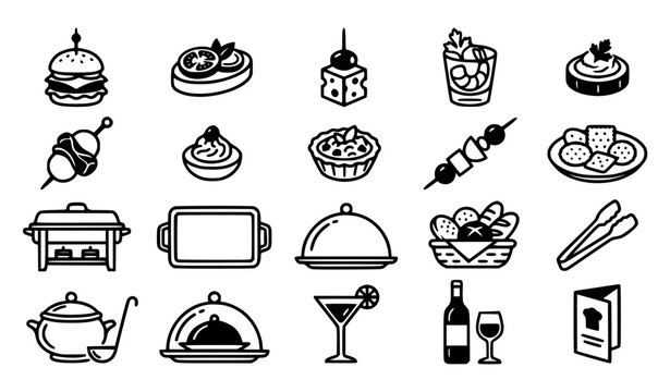 Catering service and buffet food line icon vector set featuring appetizers drinks skewers chafing dishes and platters.`