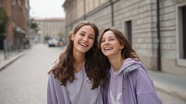 prompt, caucasian woman friends, 18 years, laughing, euphoric, celebrating, clothes, in the street, purple, photography, pose 