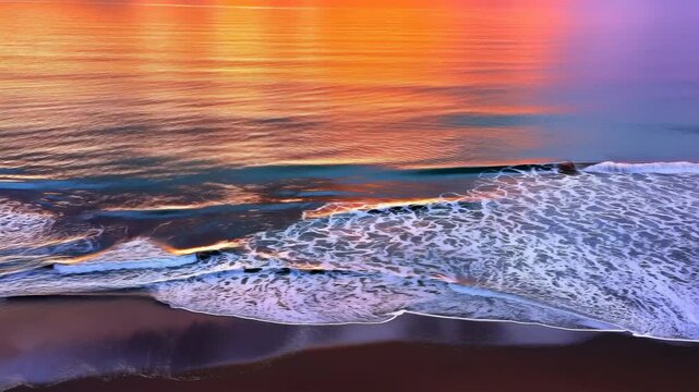 Sunset shoreline with gentle waves forming foam and flowing backwash over wet sand, vivid orange and violet reflections, calm coastal water and textured surf, with sunset, shoreline, ocean, wave
