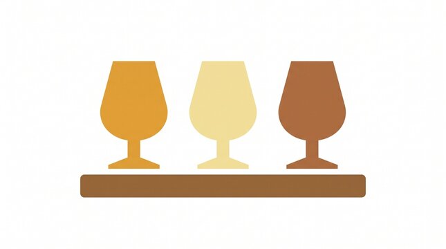 Whiskey tasting flight illustration, three amber and brown glasses on a wooden tray, a minimalist icon for beverage menus and distillery branding.