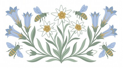 Fototapeta premium Art Nouveau inspired floral illustration, elegant bees and blue bellflowers, delicate botanical design, decorative nature motif for spring and summer projects.