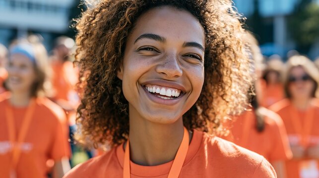 joyful african woman with curly hair smiling broadly at a charity run event, radiating happiness and positive energy among a crowd