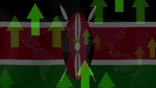 Kenya's Economic Growth: A graphic representation of economic advancement in Kenya, featuring the national flag superimposed with a world map and upward trending green arrows symbolizing progress.