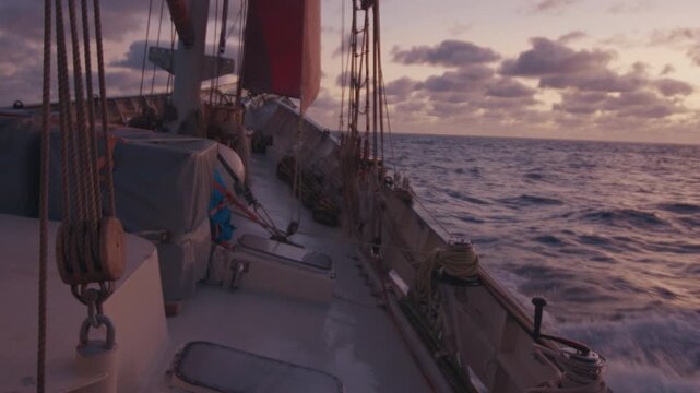 Big sailing boat moves in the Atlantic Ocean under the sails