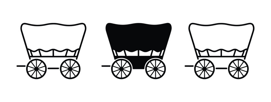 Covered wagon icons featuring pioneer wagon, western transport, frontier carriage, historic travel, horse drawn vehicle, and vintage settlement symbols in outline, solid, and black and white vector st