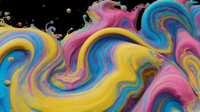 Colorful abstract paint swirls in vibrant pink, blue, and yellow hues create dynamic motion against a black background, showcasing fluid art techniques in progression