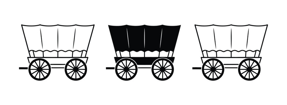 Covered wagon icons illustrating pioneer carriage, western transport, frontier wagon, horse drawn vehicle, historic settlement, and heritage symbols in outline, solid, and black and white vector style