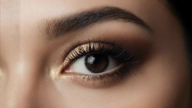Close-up of a female model's eye showcasing detailed makeup application with shimmering eyeshadow and long eyelashes in a well-lit beauty studio setting