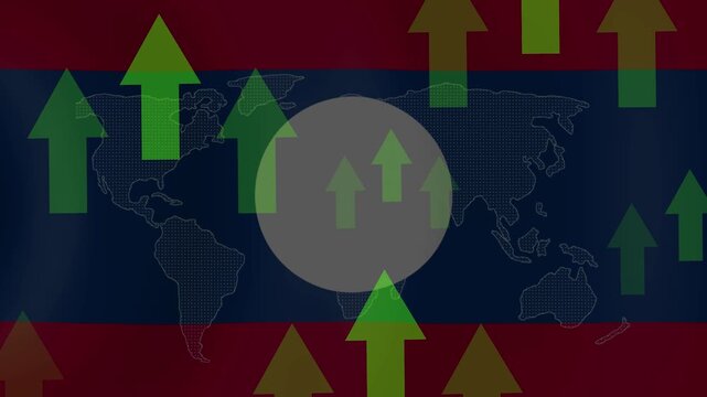 Economic Growth in Laos: A visual representation of economic prosperity in Laos, featuring the national flag superimposed with a world map and rising green arrows symbolizing growth and development.