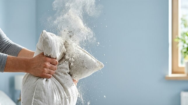 Woman hitting dusty pillow creates cloud of allergen particles. Concept of domestic house allergy, dust mite and respiratory health concern. Indoor environment cleaning and hygiene.