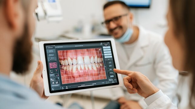 dentist examining patient's teeth using digital x-ray on tablet, showcasing modern dental technology and patient care in a clinic
