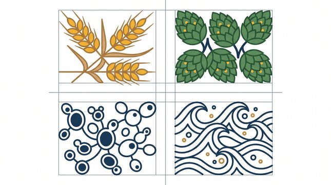 Beer brewing ingredients illustration set, four graphic elements for craft beer labels and packaging design. Hops, wheat, yeast, and water vector icons.