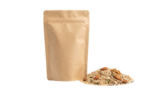 Brown kraft paper pouch mockup, standing doy-pack for granola and nuts, eco-friendly food packaging for organic muesli and cereal isolated PNG with Transparent Background
