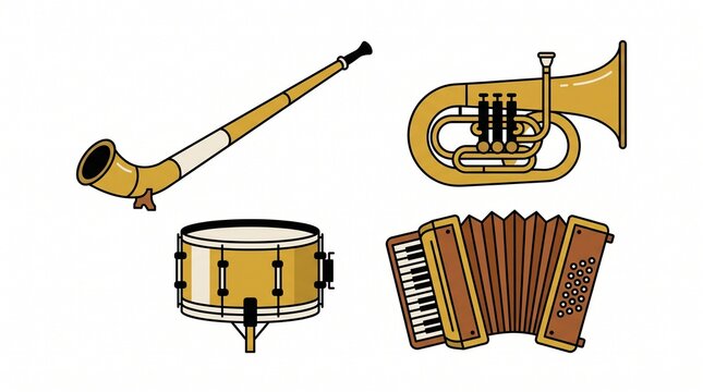 Traditional musical instruments vector set, brass and percussion instruments collection, folk music elements, classical orchestra equipment, isolated on white background.