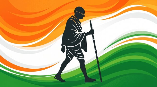 Heroic Mahatma Gandhi Walking Silhouette Quit India Banner