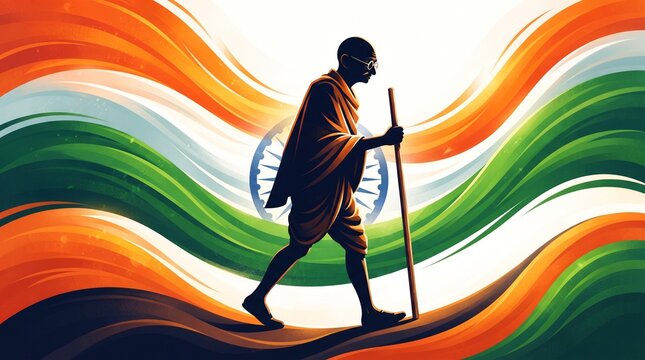 Heroic Mahatma Gandhi Walking Silhouette Quit India Banner