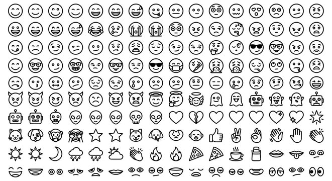 Minimalist line emoji icon set, black and white outline emoticons collection, simple vector smiley faces for social media and web design