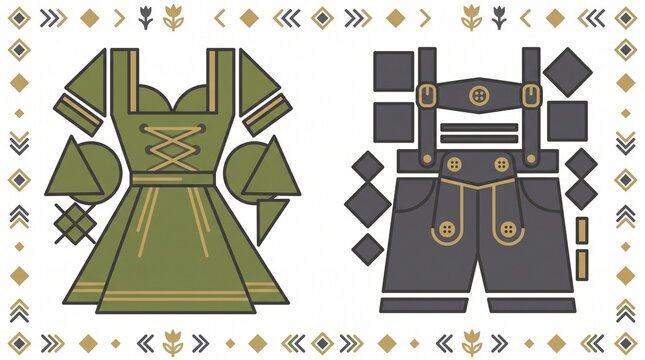 Traditional Bavarian Dirndl and Lederhosen, a geometric folk costume set, cultural Oktoberfest apparel, flat vector illustration.