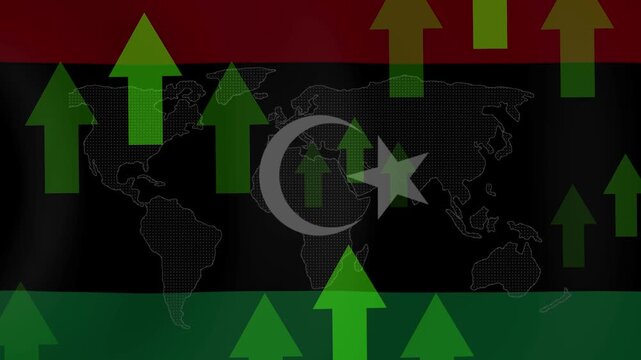 Libya Economic Growth: The Libyan flag overlays a world map, adorned with numerous green upward arrows signifying economic growth and prosperity.