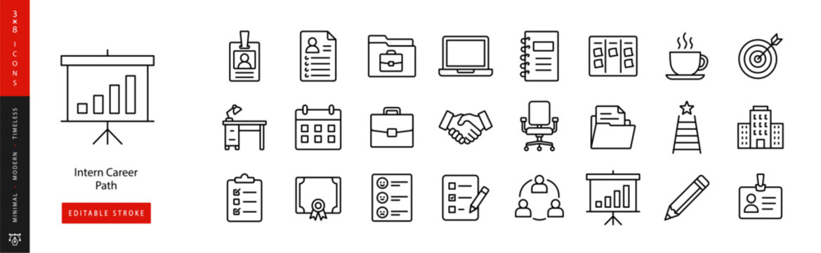 Intern Career Path. Line icon set of Internship Program: student badge, resume sheet, portfolio folder, laptop, notebook, task board, office desk, calendar, briefcase, handshake, mentor chair, project