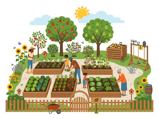 Diverse group of people gardening in a community allotment garden with raised beds and fruit trees.