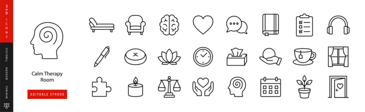 Calm Therapy Room. Line icon set of Psychotherapy and Mental Wellness: therapy couch, armchair, brain, heart, chat bubbles, journal, pen, meditation cushion, lotus, clock, tissue box, stress ball edit