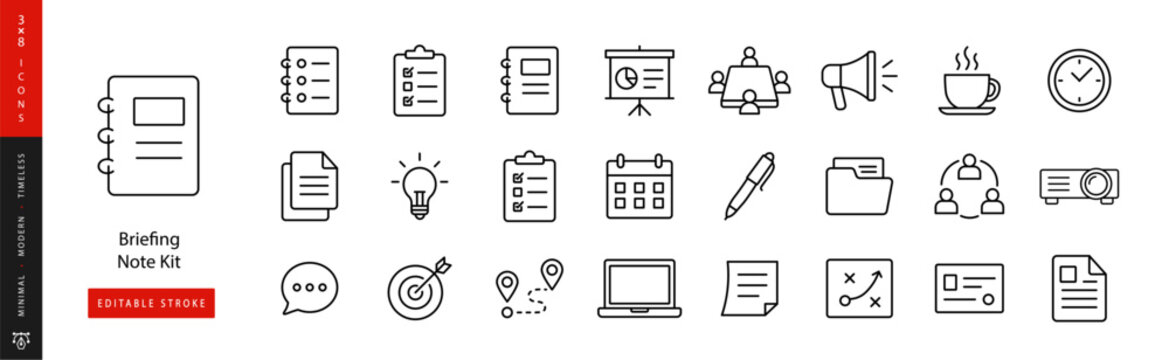 Briefing Note Kit. Line icon set of Briefing and Agenda: agenda sheet, clipboard, notebook, presentation board, meeting table, megaphone, document stack, light bulb, checklist, calendar, pen, report e