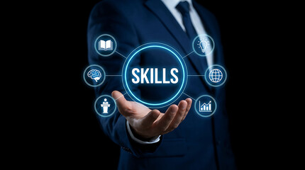 Fototapeta premium Businessman holding virtual skills icon with connected business icons
