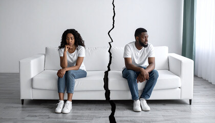 Sad Black couple sitting apart on a white couch split by a visual crack, symbolizing marital conflict, breakup, or divorce concept in a bright, modern living room setting.