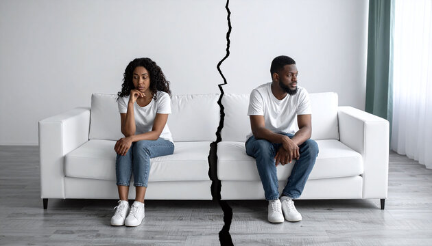 Sad Black couple sitting apart on a white couch split by a visual crack, symbolizing marital conflict, breakup, or divorce concept in a bright, modern living room setting.