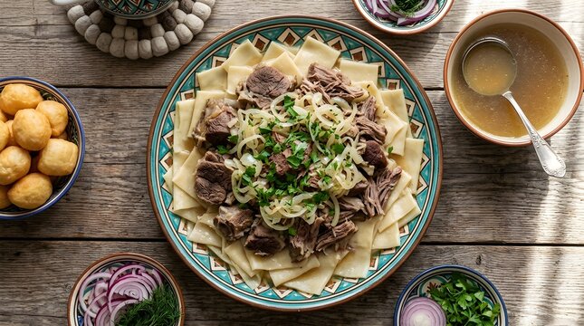 Top view of traditional Central Asian beshbarmak noodles with boiled meat, onions, broth, and baursaks on a wooden table