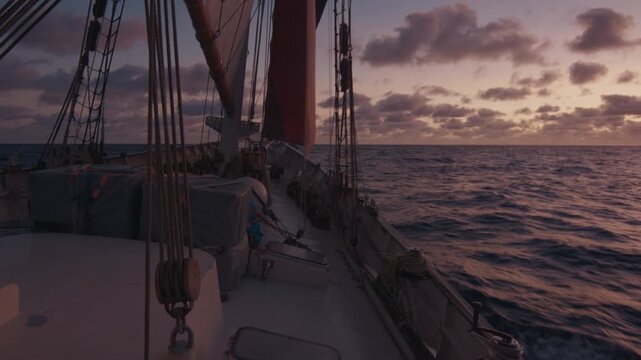 Big sailing boat moves in the Atlantic Ocean under the sails