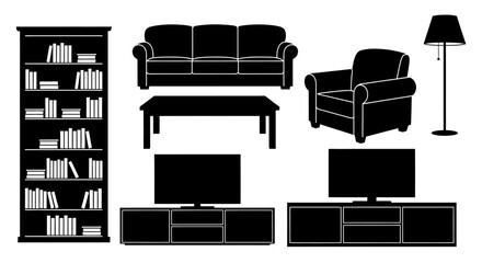 Black silhouettes of living room furniture flat vector icons for interior design with including sofas bookshelves bookshelves lamps white displays black © Sudha