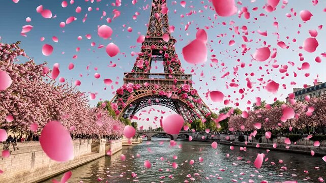 Romantic Paris Scene With The Eiffel Tower Surrounded By Pink Petals And Floating Hearts