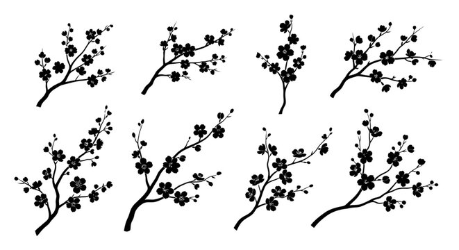 Eight black silhouettes of flowering branches on white background with branches arranged two rows plain white illustration botanical pattern
