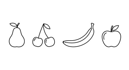 Simple line drawings of four common fruits with drawings pear cherries cherries banana line art illustration healthy produce natural eating with apple © Sudha