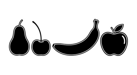 Four black outlined fruit icons on white background with banana apple black outline pear cherry banana illustration drawing graphic simple with vector © Sudha