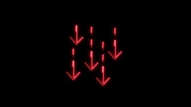 Glowing red neon arrows moving continuously downwards on a dark background, illustrating decline, market crash, loss, negative financial trends, and decreasing statistics.
